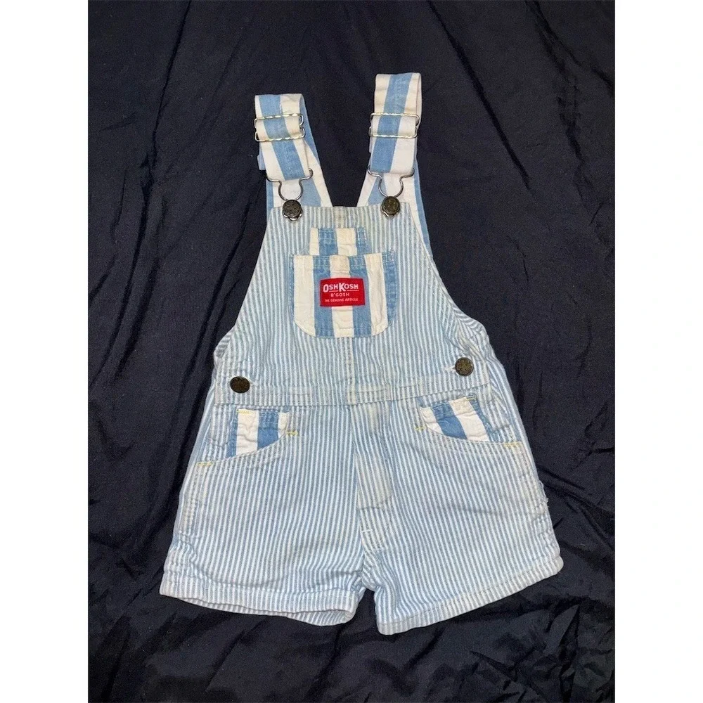 OshKosh B'gosh Overalls Boys 3T Blue White Hickory Stripe Short Bib Vtg vestback
